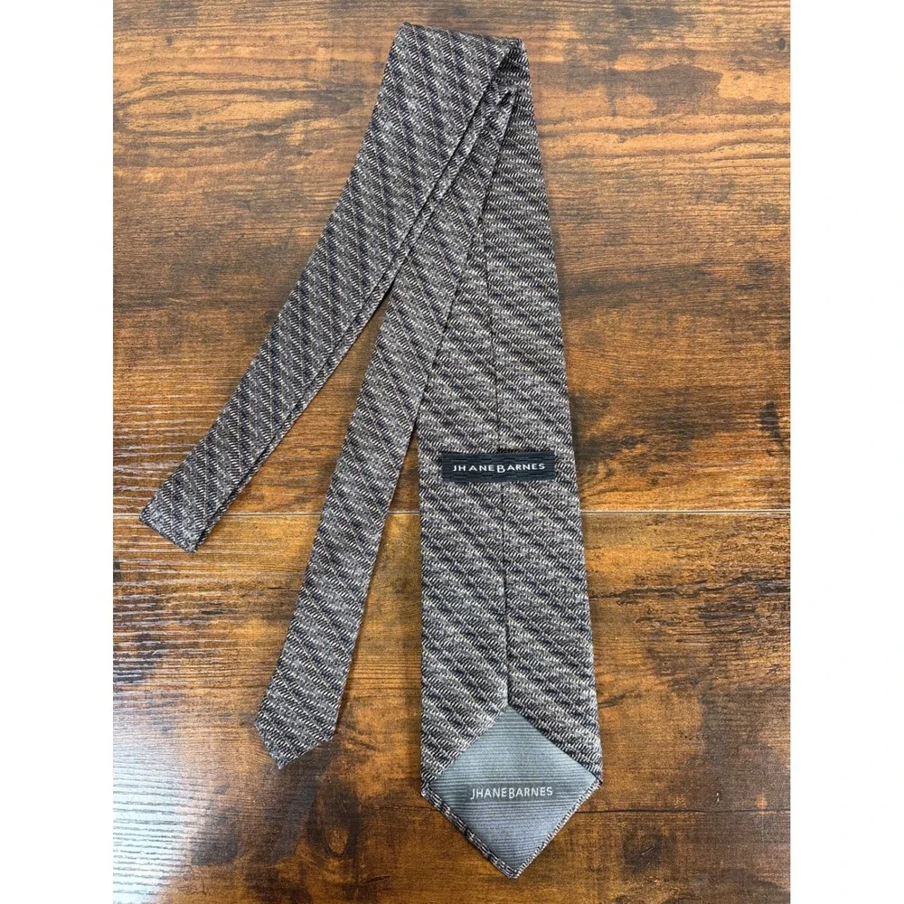 Jhane Barnes Mens Silk Necktie Grey Brown Navy Textured Diagonal Geometric Italy